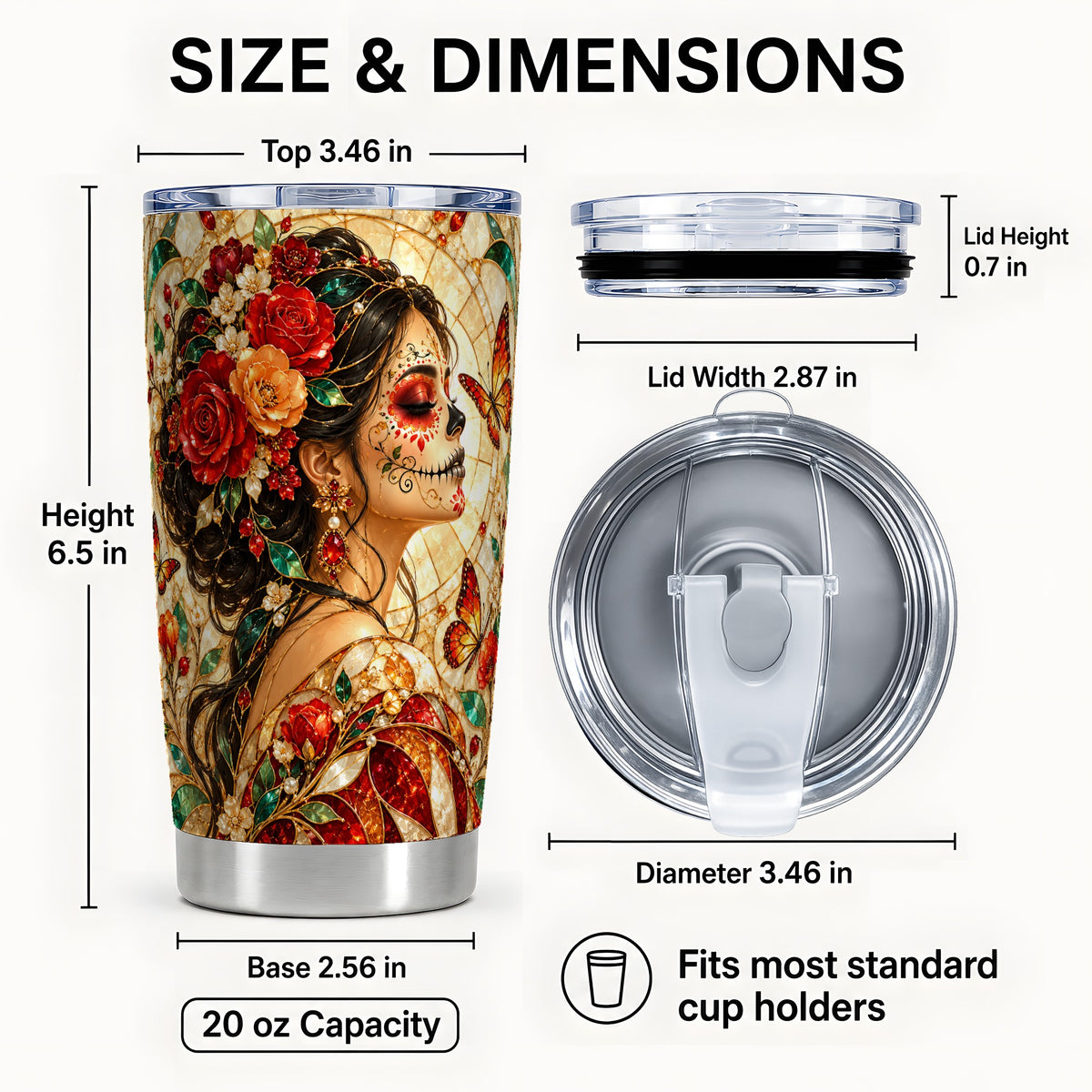 #pl[20oz|Steel] Floral Sugar Skull Tumbler 20oz, Mosaic Stainless Steel Travel Cup