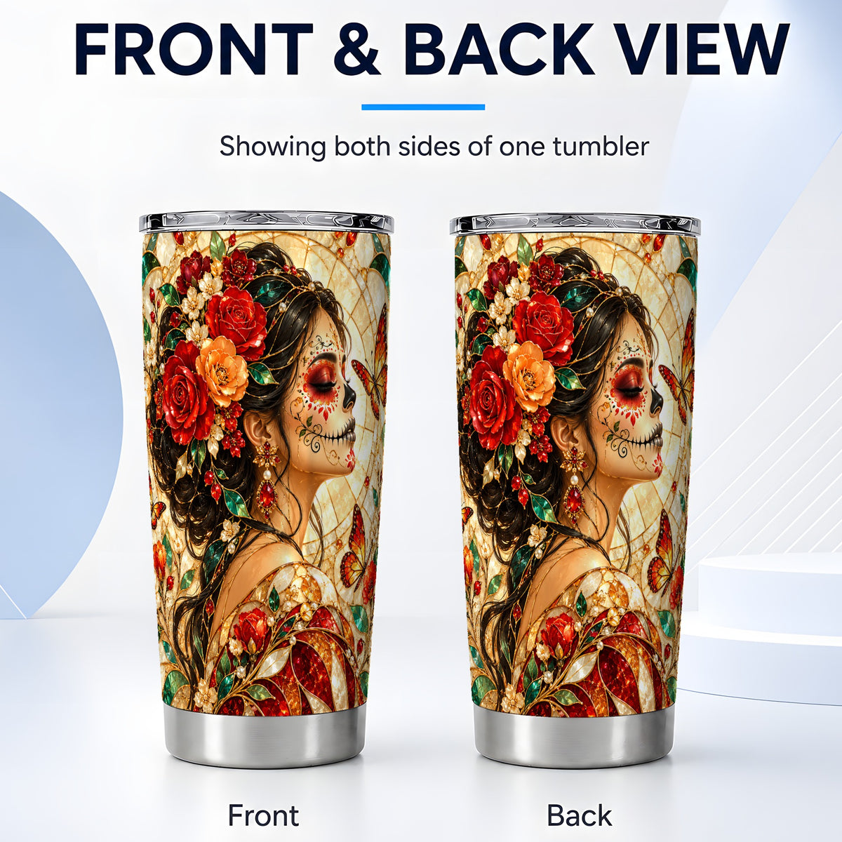 #pl[20oz|Steel] Floral Sugar Skull Tumbler 20oz, Mosaic Stainless Steel Travel Cup