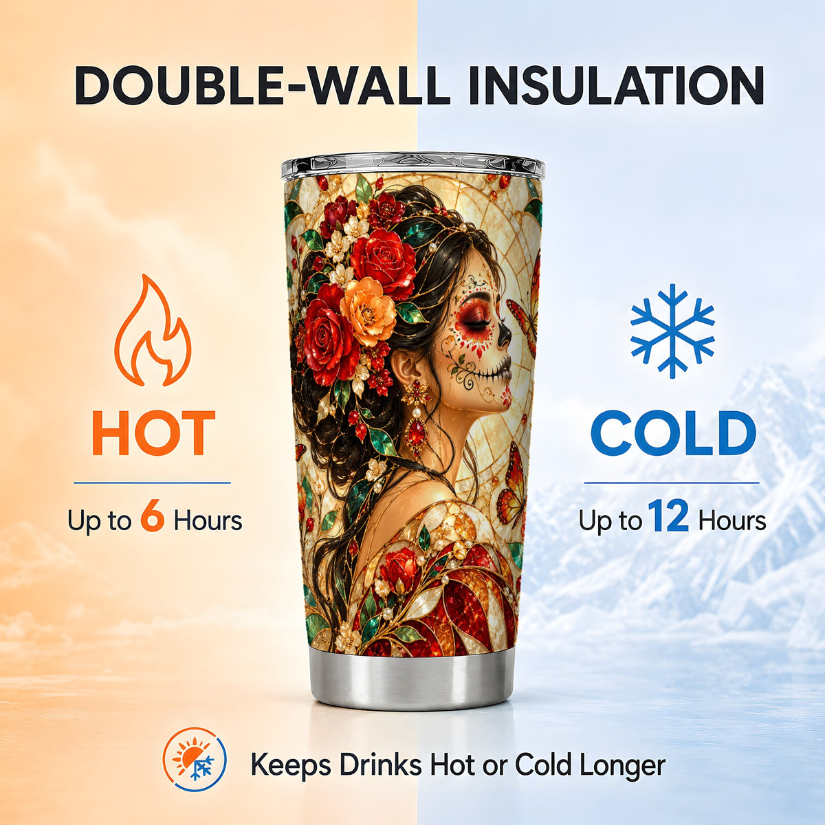Floral Sugar Skull Tumbler 20oz, Mosaic Stainless Steel Travel Cup