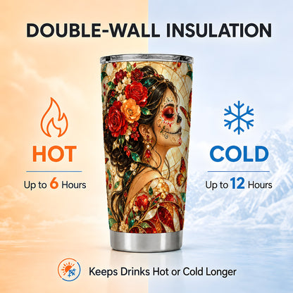 Floral Sugar Skull Tumbler 20oz, Mosaic Stainless Steel Travel Cup