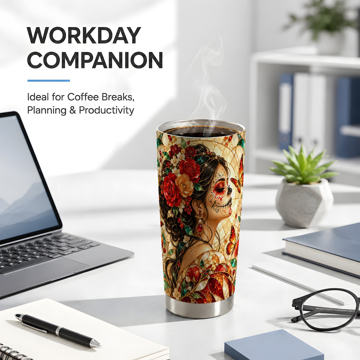 Floral Sugar Skull Tumbler 20oz, Mosaic Stainless Steel Travel Cup