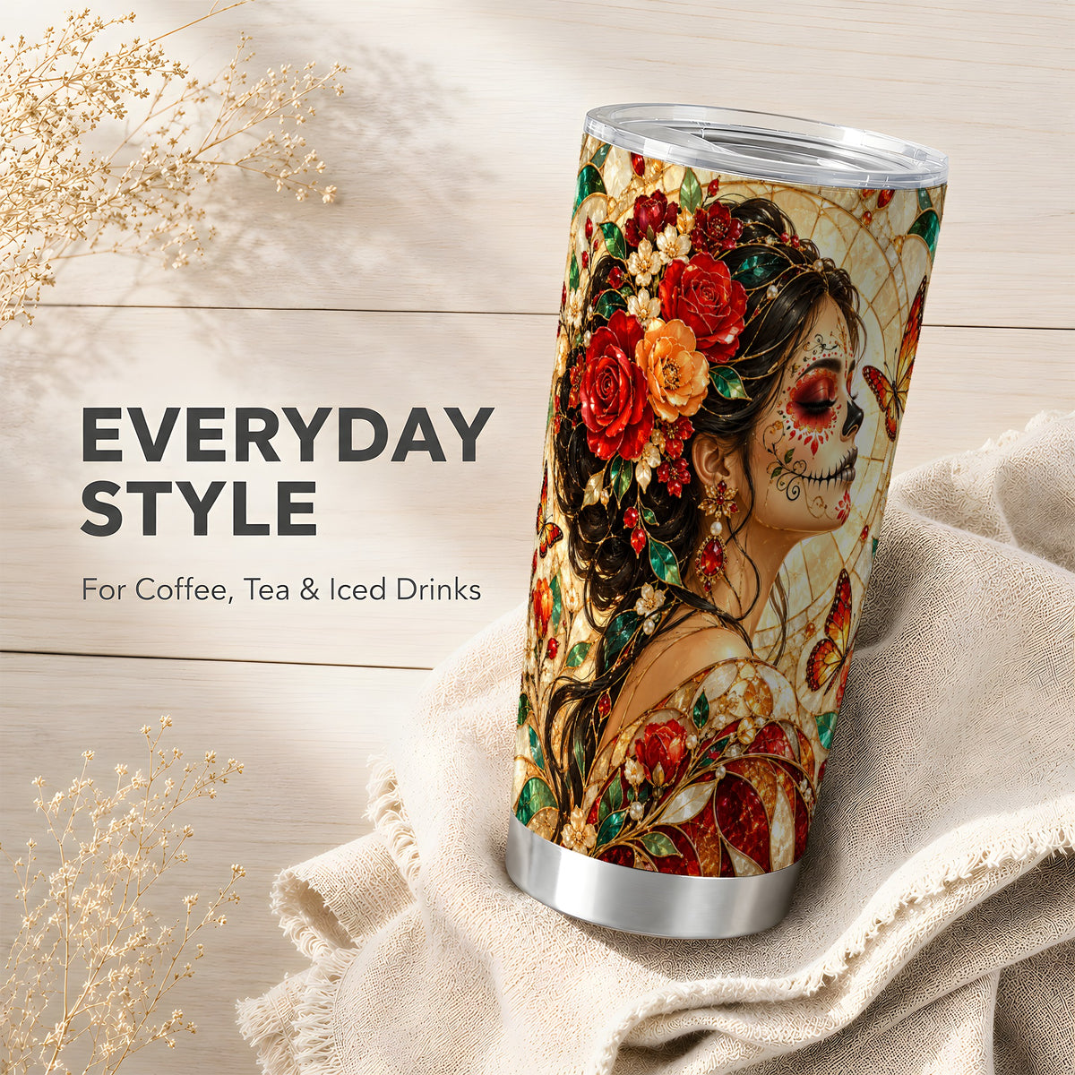 Floral Sugar Skull Tumbler 20oz, Mosaic Stainless Steel Travel Cup