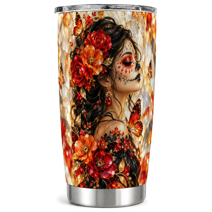 Floral Sugar Skull Woman Tumbler 20oz, Monarch Stainless Steel Travel Cup