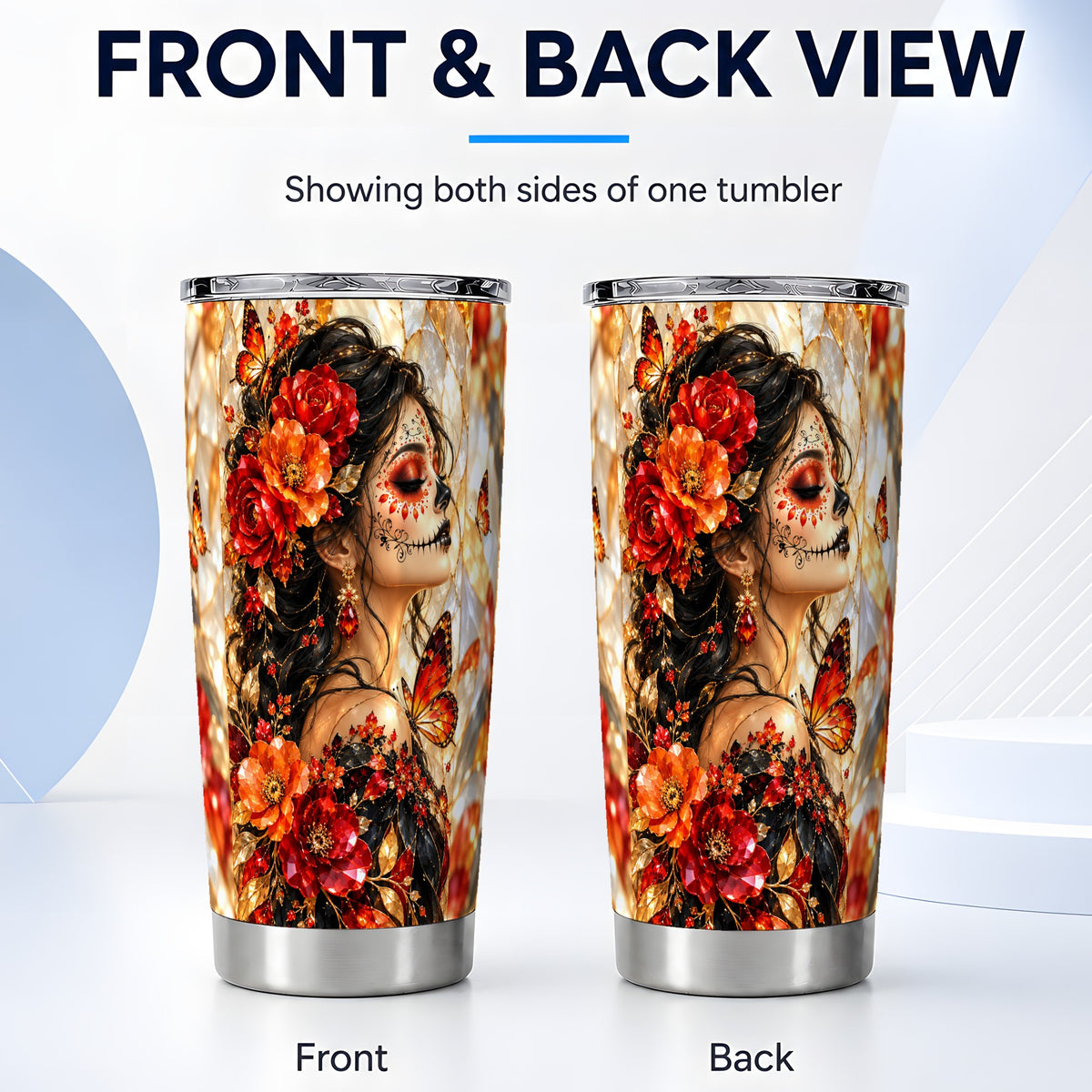 #pl[20oz|Steel] Floral Sugar Skull Woman Tumbler 20oz, Monarch Stainless Steel Travel Cup