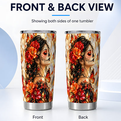 #pl[20oz|Steel] Floral Sugar Skull Woman Tumbler 20oz, Monarch Stainless Steel Travel Cup