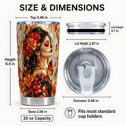 #pl[20oz|Steel] Floral Sugar Skull Woman Tumbler 20oz, Monarch Stainless Steel Travel Cup