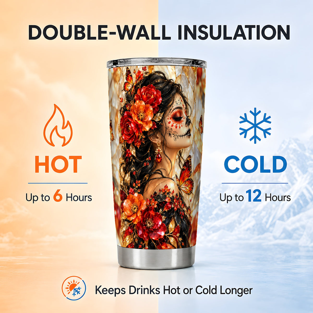 Floral Sugar Skull Woman Tumbler 20oz, Monarch Stainless Steel Travel Cup