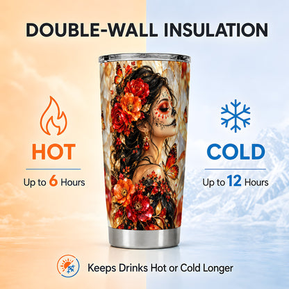 Floral Sugar Skull Woman Tumbler 20oz, Monarch Stainless Steel Travel Cup