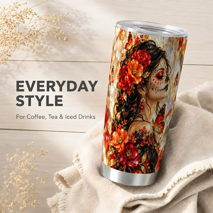 Floral Sugar Skull Woman Tumbler 20oz, Monarch Stainless Steel Travel Cup