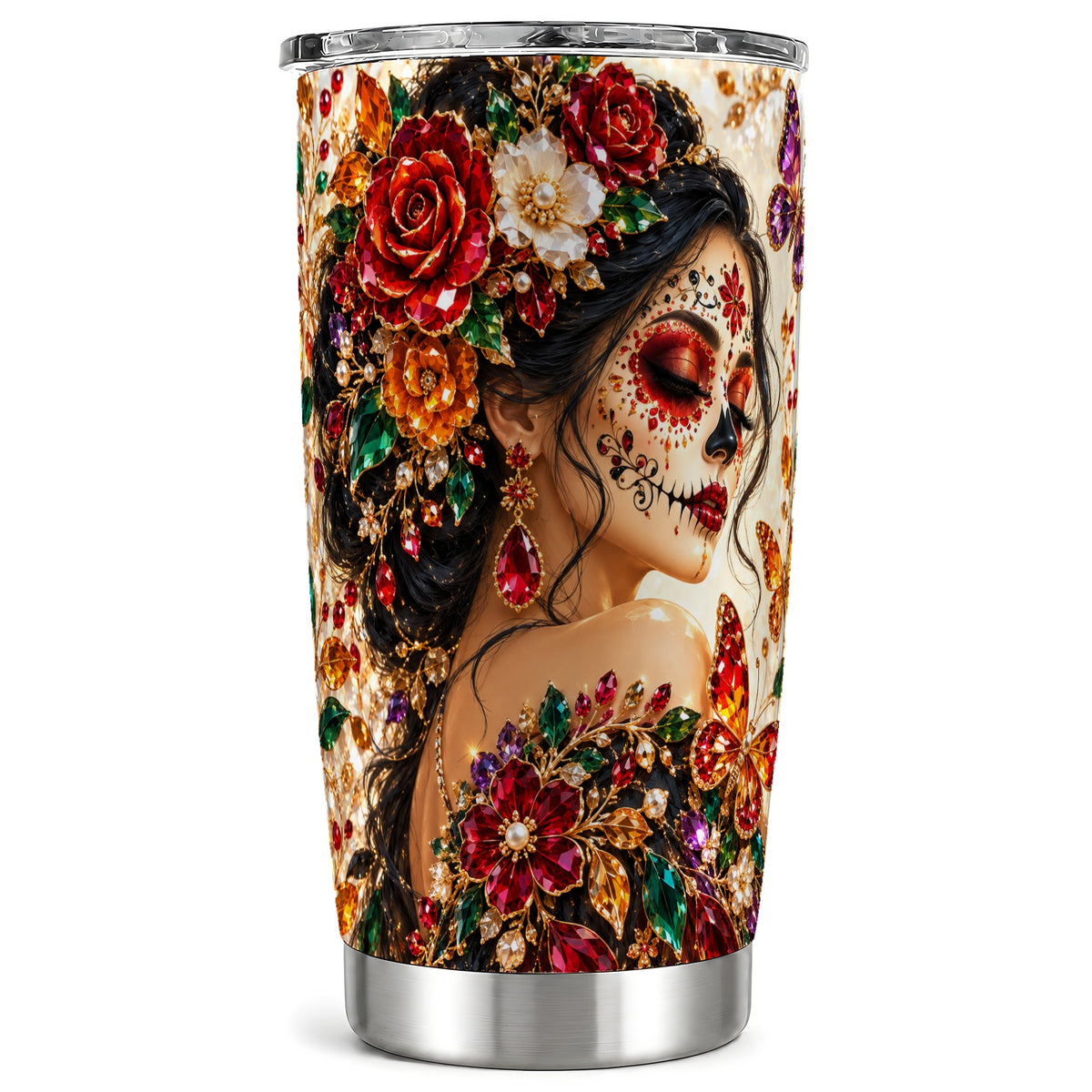Floral Face Art Tumbler 20oz, Jeweled Rose Tumbler, Stainless Travel Cup