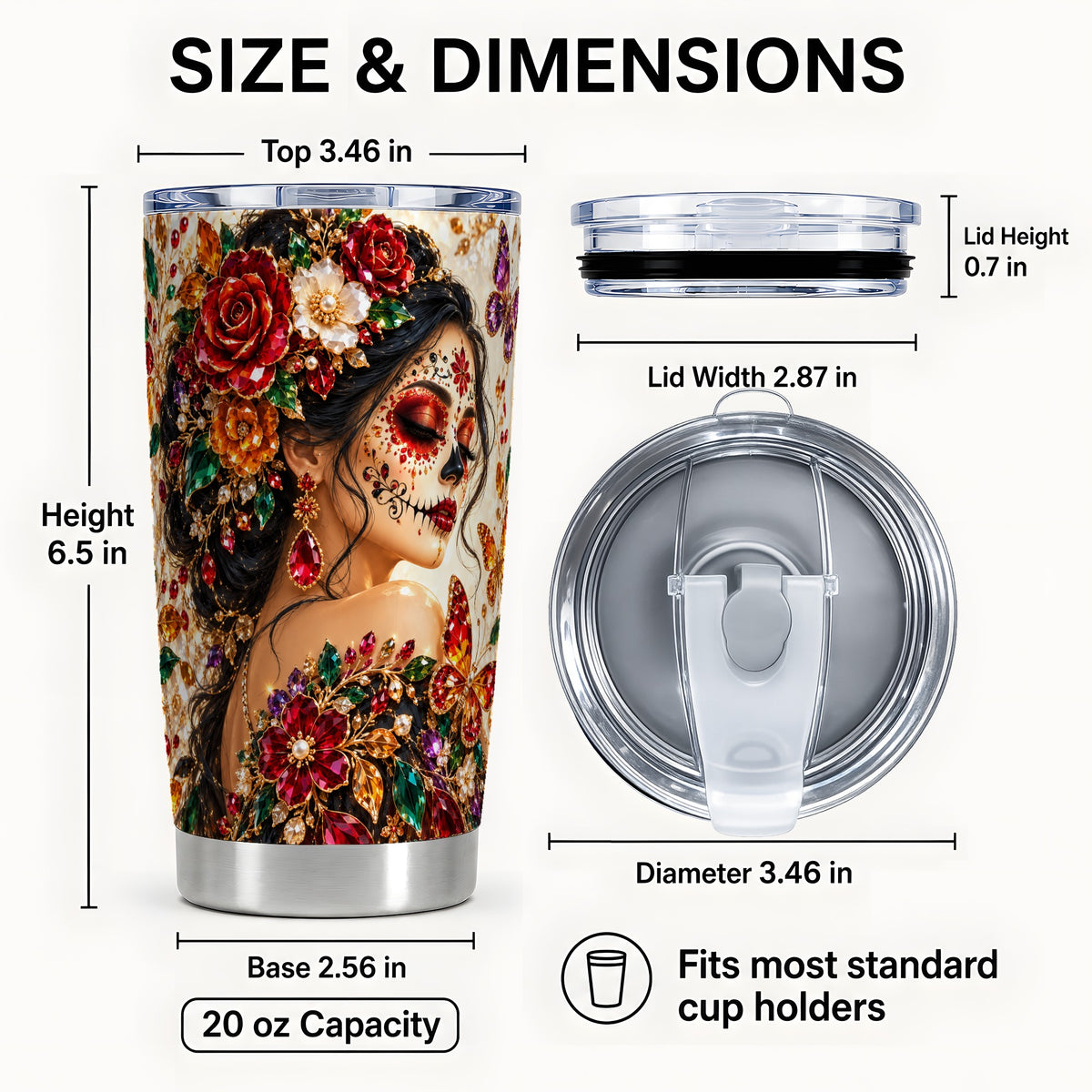 #pl[20oz|Steel] Floral Face Art Tumbler 20oz, Jeweled Rose Tumbler, Stainless Travel Cup