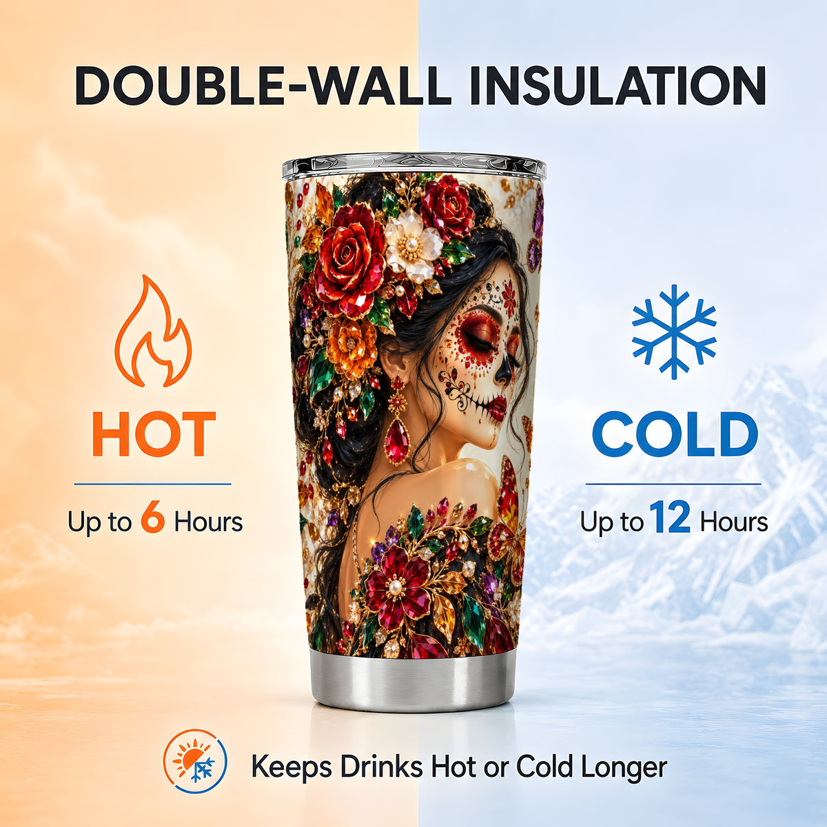 Floral Face Art Tumbler 20oz, Jeweled Rose Tumbler, Stainless Travel Cup