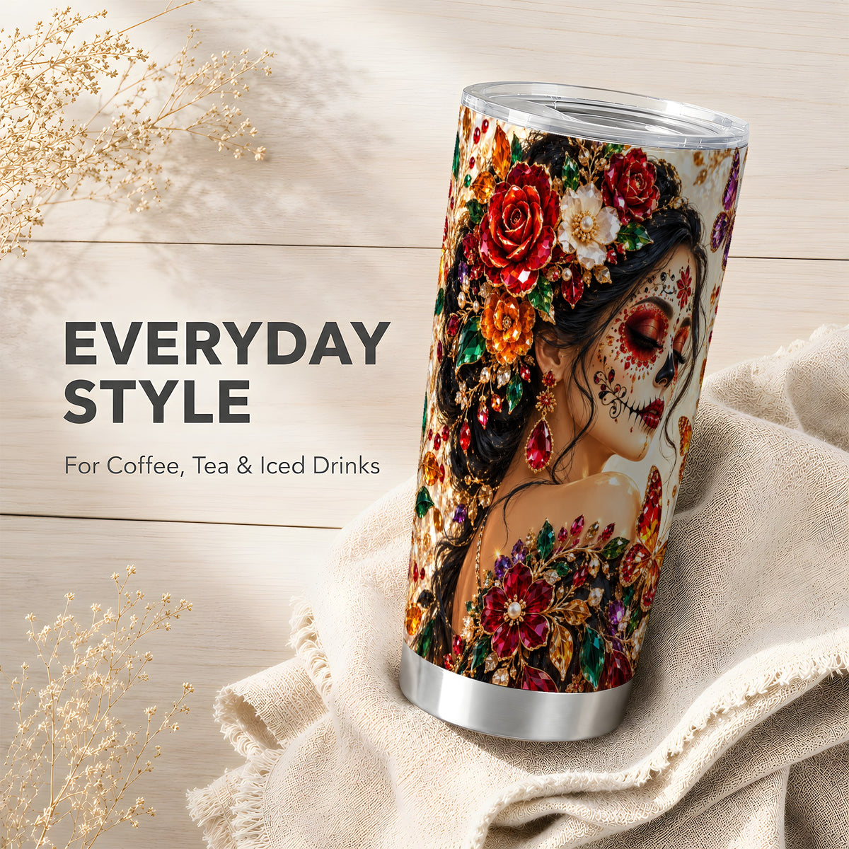 Floral Face Art Tumbler 20oz, Jeweled Rose Tumbler, Stainless Travel Cup