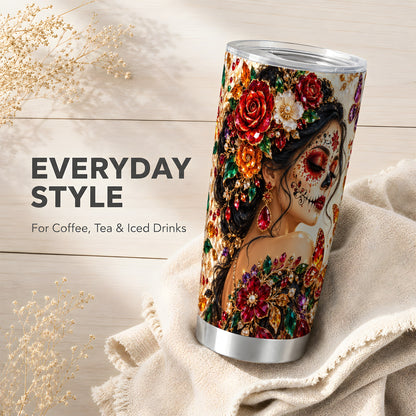 Floral Face Art Tumbler 20oz, Jeweled Rose Tumbler, Stainless Travel Cup