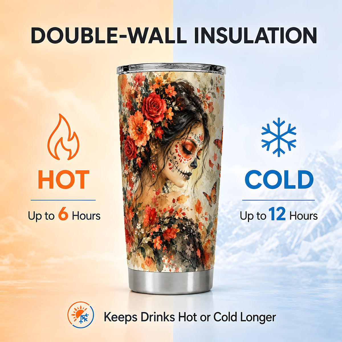 Floral Face Art Tumbler 20oz, Watercolor Rose Tumbler, Stainless Travel Cup