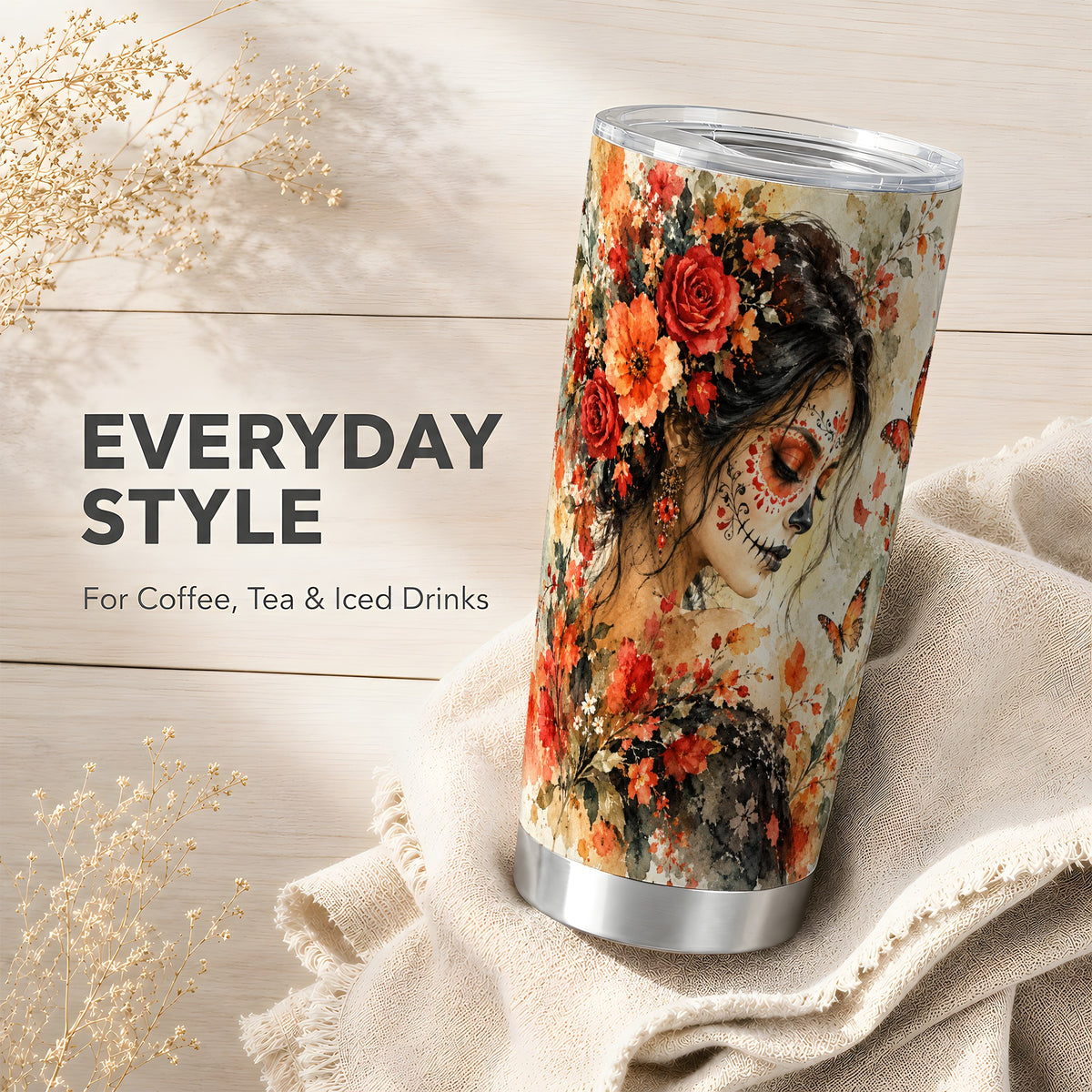 Floral Face Art Tumbler 20oz, Watercolor Rose Tumbler, Stainless Travel Cup