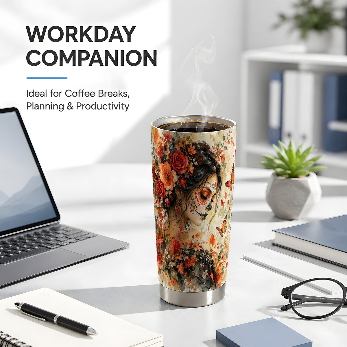 Floral Face Art Tumbler 20oz, Watercolor Rose Tumbler, Stainless Travel Cup