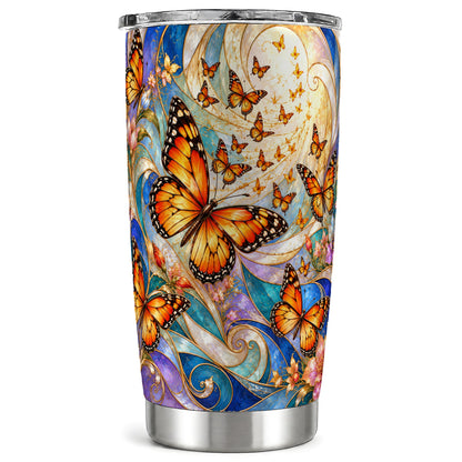 Orange Butterfly Tumbler 20oz, Floral Swirl Tumbler, Stainless Travel Cup