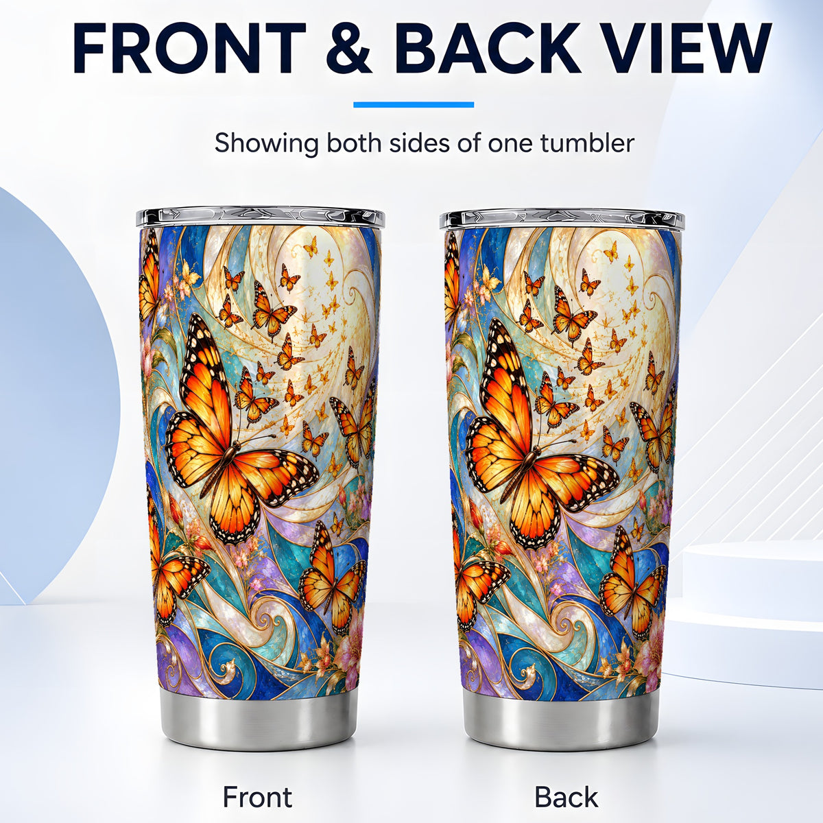 #pl[20oz|Steel] Orange Butterfly Tumbler 20oz, Floral Swirl Tumbler, Stainless Travel Cup