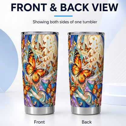 #pl[20oz|Steel] Orange Butterfly Tumbler 20oz, Floral Swirl Tumbler, Stainless Travel Cup