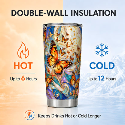 Orange Butterfly Tumbler 20oz, Floral Swirl Tumbler, Stainless Travel Cup