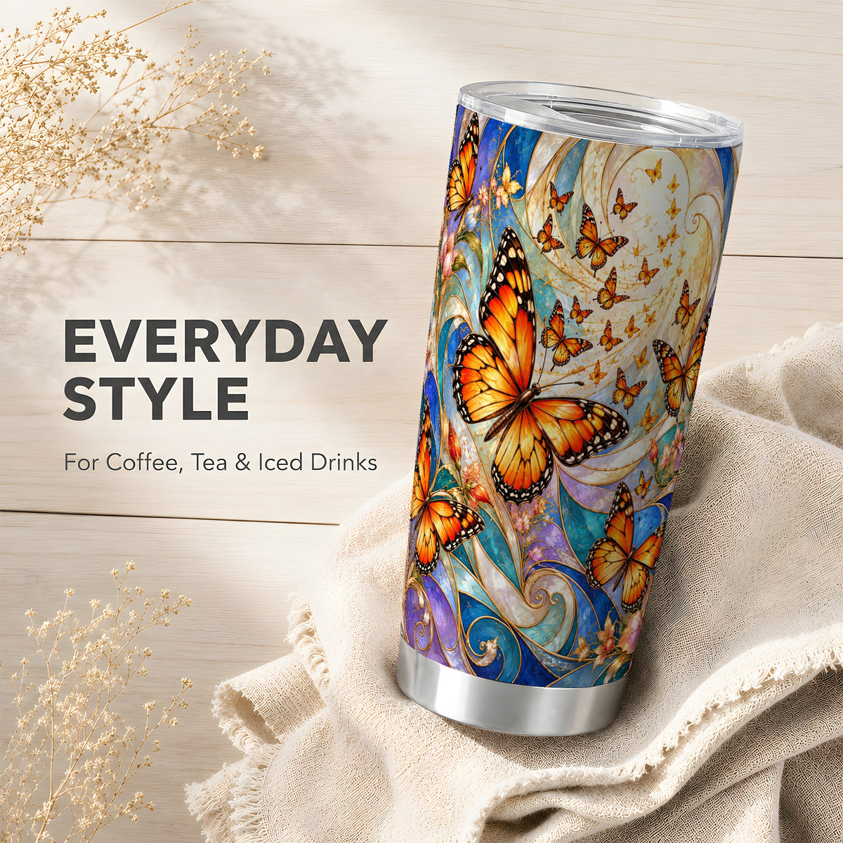 Orange Butterfly Tumbler 20oz, Floral Swirl Tumbler, Stainless Travel Cup