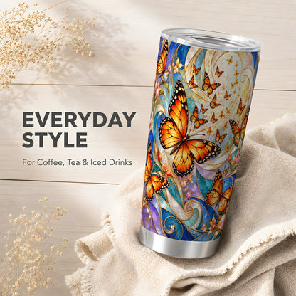 Orange Butterfly Tumbler 20oz, Floral Swirl Tumbler, Stainless Travel Cup