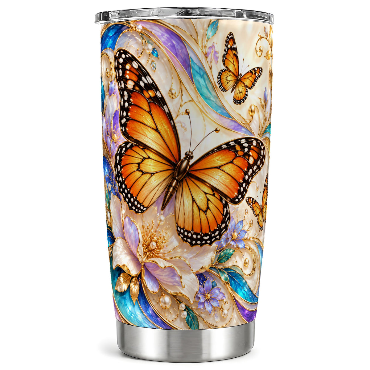 Orange Butterfly Tumbler 20oz, Floral Gold Tumbler, Stainless Travel Cup