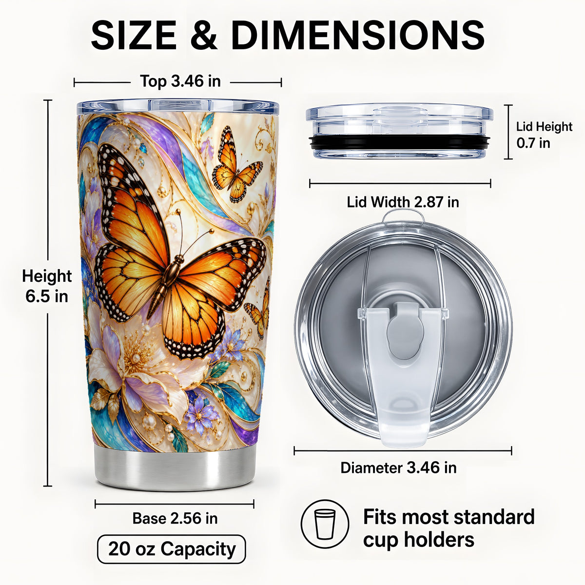 #pl[20oz|Steel] Orange Butterfly Tumbler 20oz, Floral Gold Tumbler, Stainless Travel Cup