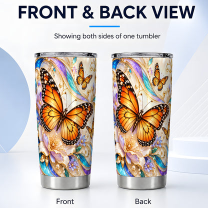 #pl[20oz|Steel] Orange Butterfly Tumbler 20oz, Floral Gold Tumbler, Stainless Travel Cup