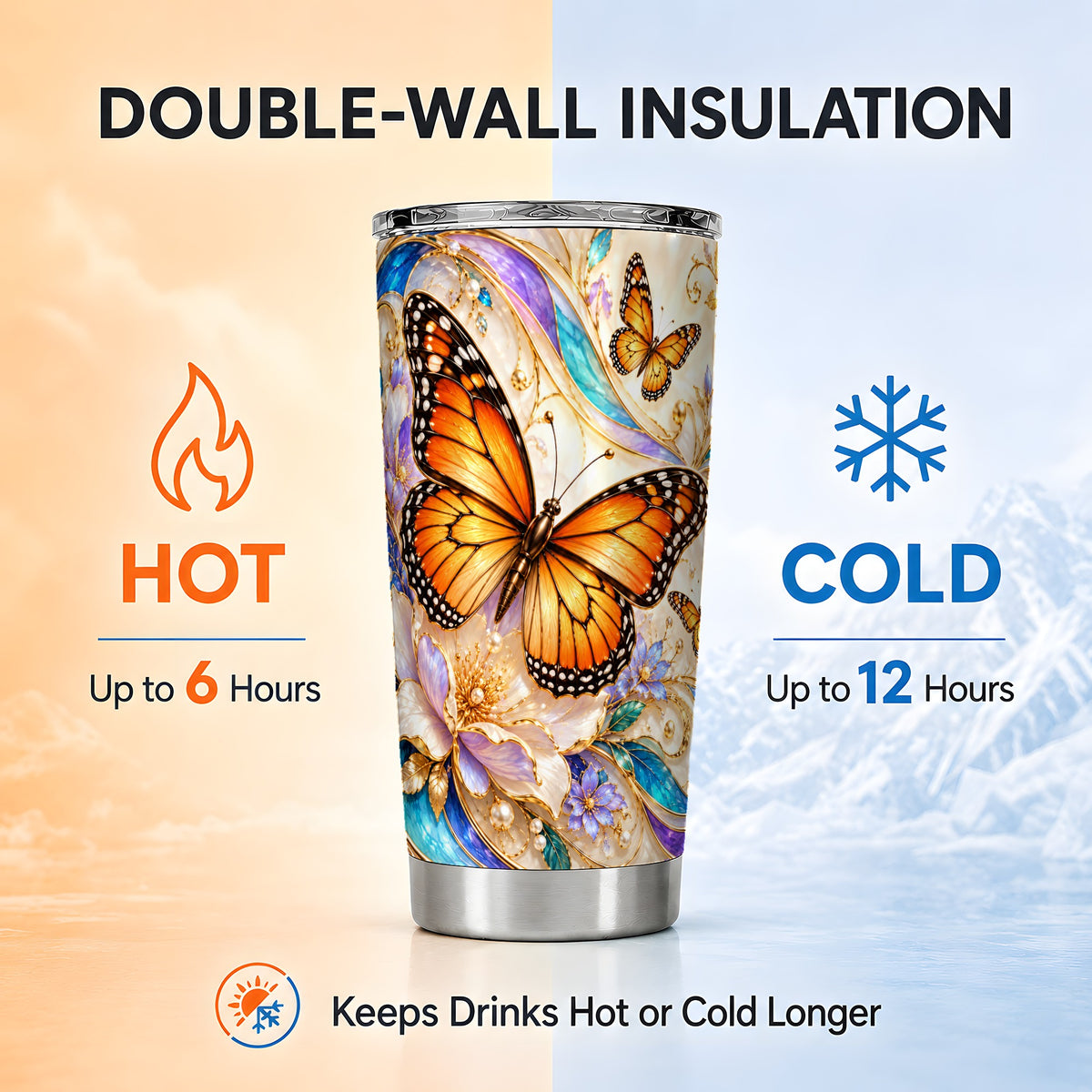 Orange Butterfly Tumbler 20oz, Floral Gold Tumbler, Stainless Travel Cup