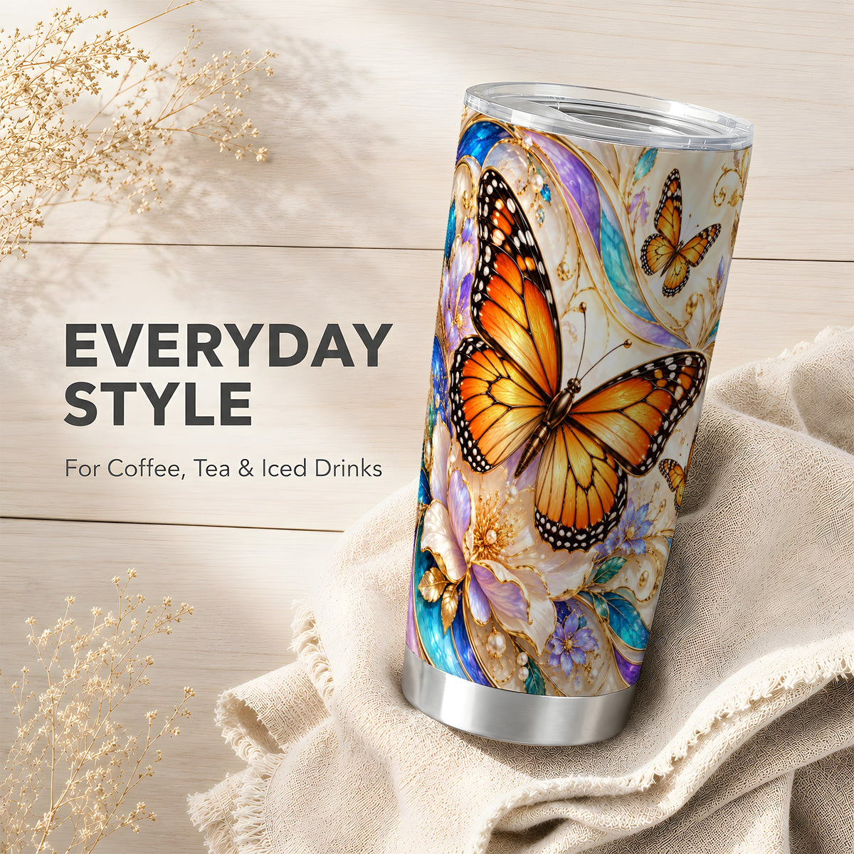 Orange Butterfly Tumbler 20oz, Floral Gold Tumbler, Stainless Travel Cup