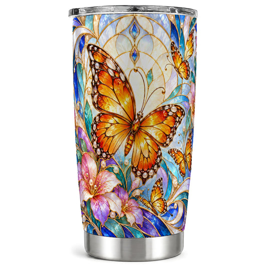 Orange Butterfly Tumbler 20oz, Stained Glass Tumbler, Stainless Travel Cup