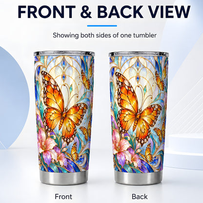 #pl[20oz|Steel] Orange Butterfly Tumbler 20oz, Stained Glass Tumbler, Stainless Travel Cup