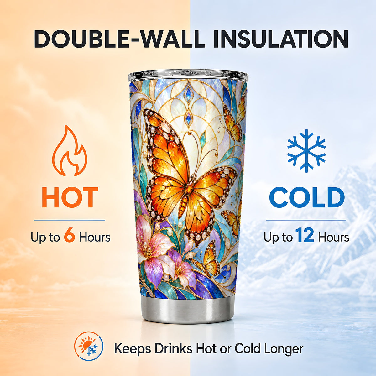 Orange Butterfly Tumbler 20oz, Stained Glass Tumbler, Stainless Travel Cup