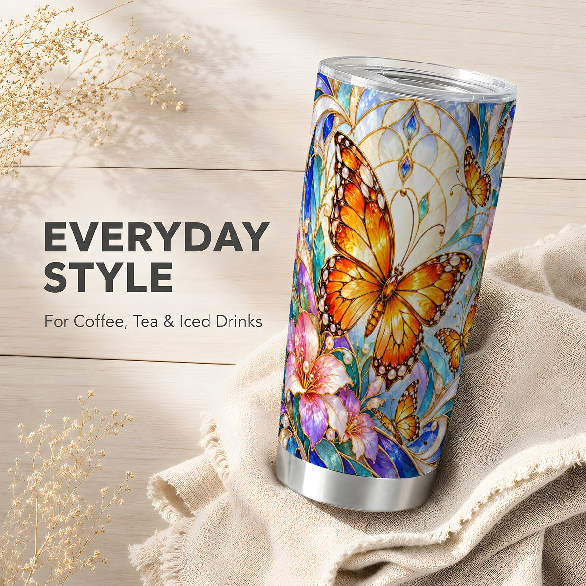Orange Butterfly Tumbler 20oz, Stained Glass Tumbler, Stainless Travel Cup
