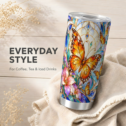Orange Butterfly Tumbler 20oz, Stained Glass Tumbler, Stainless Travel Cup