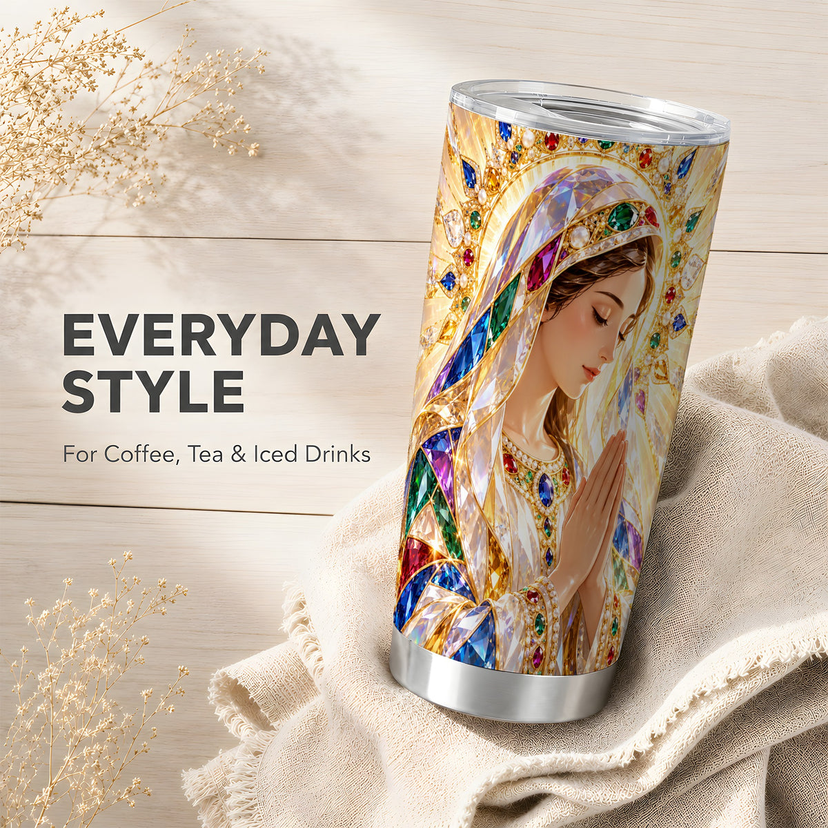 Jeweled Mother Tumbler 20oz, Sacred Art Tumbler, Stainless Steel Travel Cup