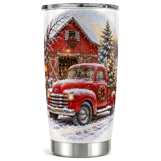 Red Vintage Truck Tumbler 20oz, Winter Farmhouse Stainless Steel Travel Cup