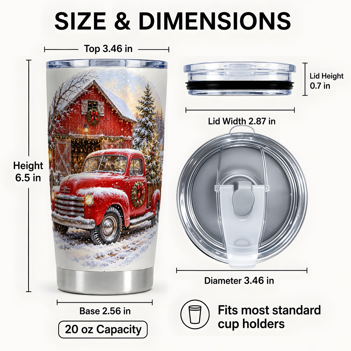 #pl[20oz|Steel] Red Vintage Truck Tumbler 20oz, Winter Farmhouse Stainless Steel Travel Cup