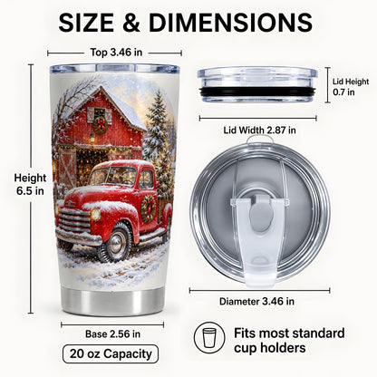 #pl[20oz|Steel] Red Vintage Truck Tumbler 20oz, Winter Farmhouse Stainless Steel Travel Cup