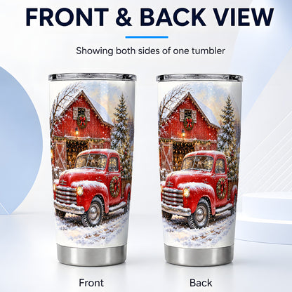 #pl[20oz|Steel] Red Vintage Truck Tumbler 20oz, Winter Farmhouse Stainless Steel Travel Cup