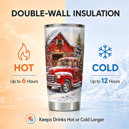Red Vintage Truck Tumbler 20oz, Winter Farmhouse Stainless Steel Travel Cup