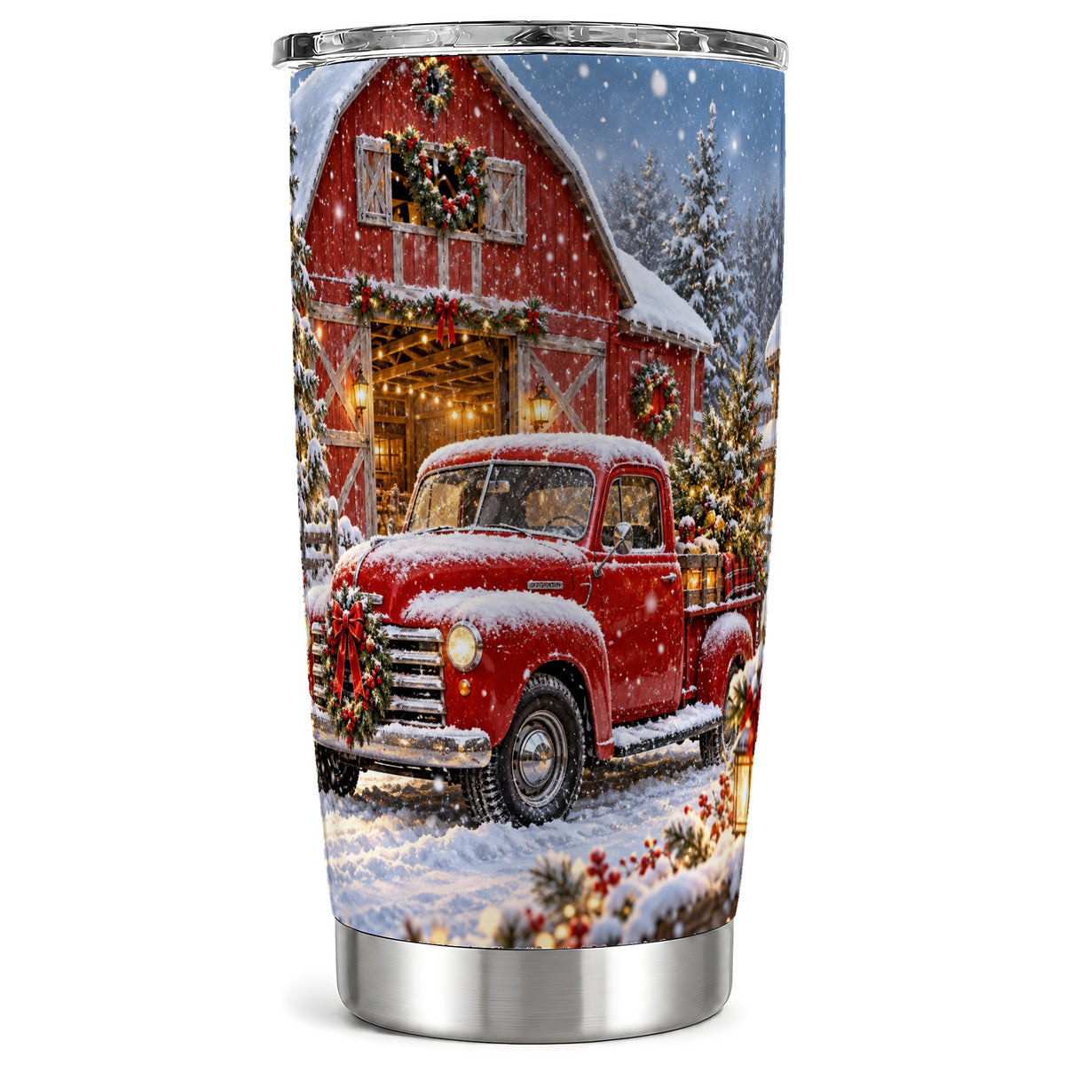 Christmas Red Truck Tumbler 20oz, Snowy Barn Stainless Steel Travel Cup