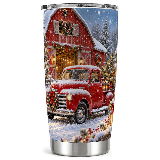Christmas Red Truck Tumbler 20oz, Snowy Barn Stainless Steel Travel Cup