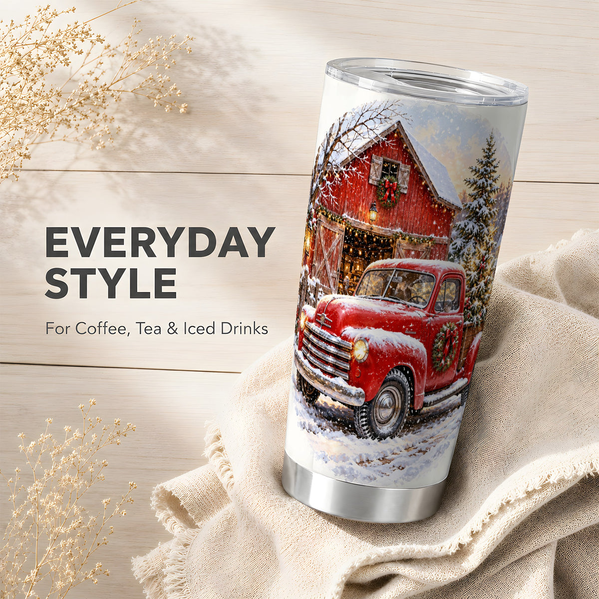 Red Vintage Truck Tumbler 20oz, Winter Farmhouse Stainless Steel Travel Cup