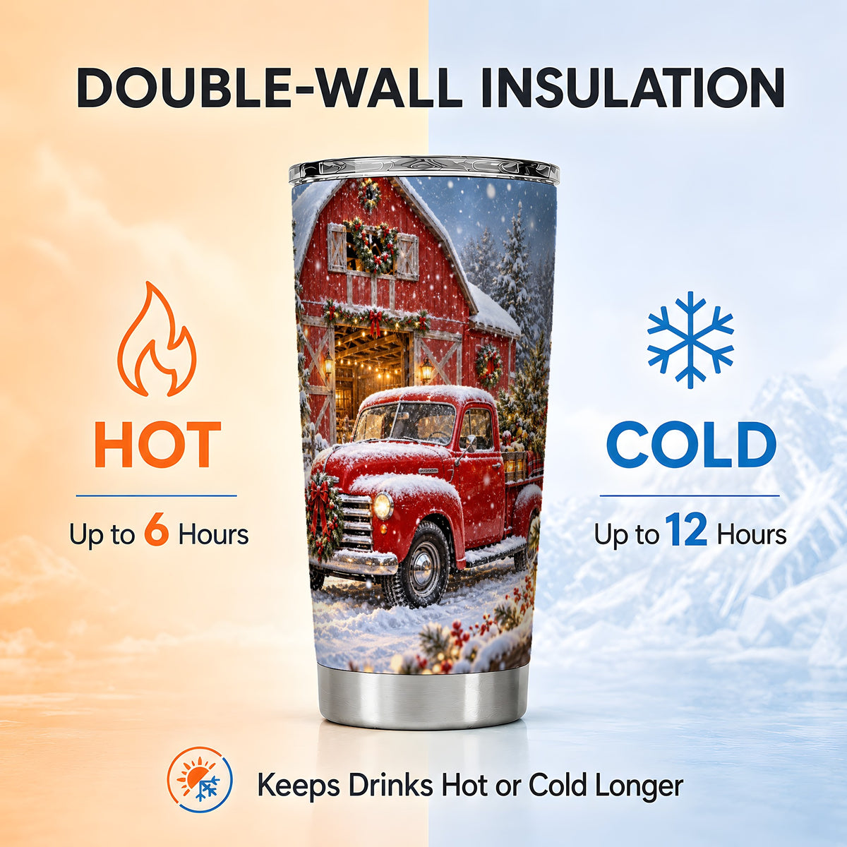 Christmas Red Truck Tumbler 20oz, Snowy Barn Stainless Steel Travel Cup