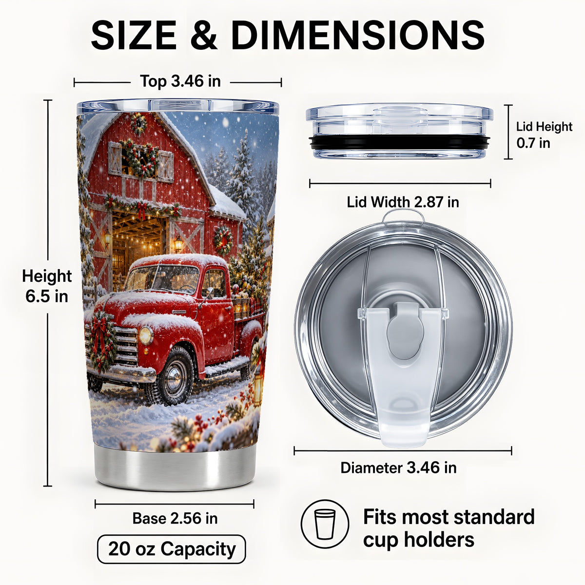 #pl[20oz|Steel] Christmas Red Truck Tumbler 20oz, Snowy Barn Stainless Steel Travel Cup