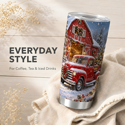 Christmas Red Truck Tumbler 20oz, Snowy Barn Stainless Steel Travel Cup