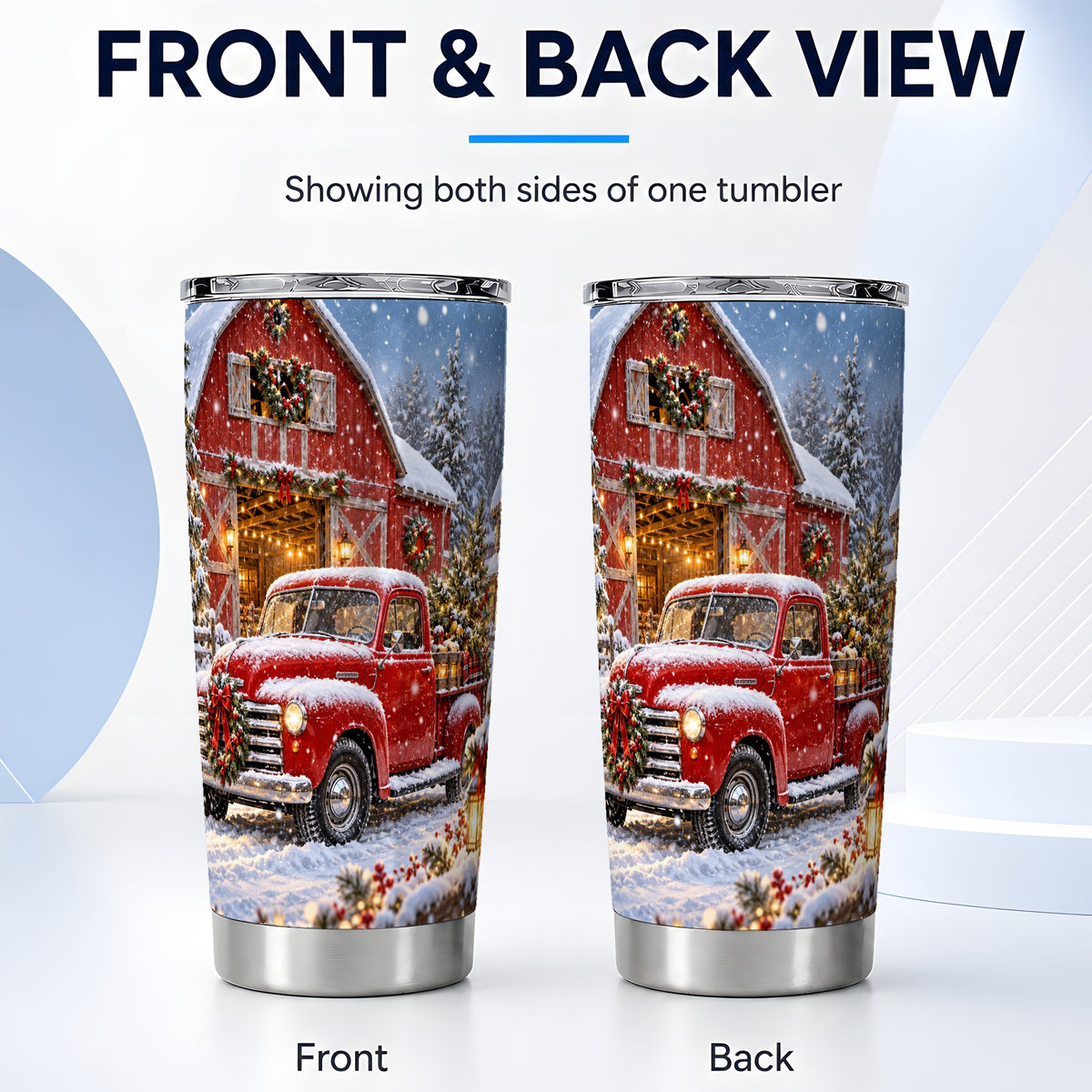 #pl[20oz|Steel] Christmas Red Truck Tumbler 20oz, Snowy Barn Stainless Steel Travel Cup